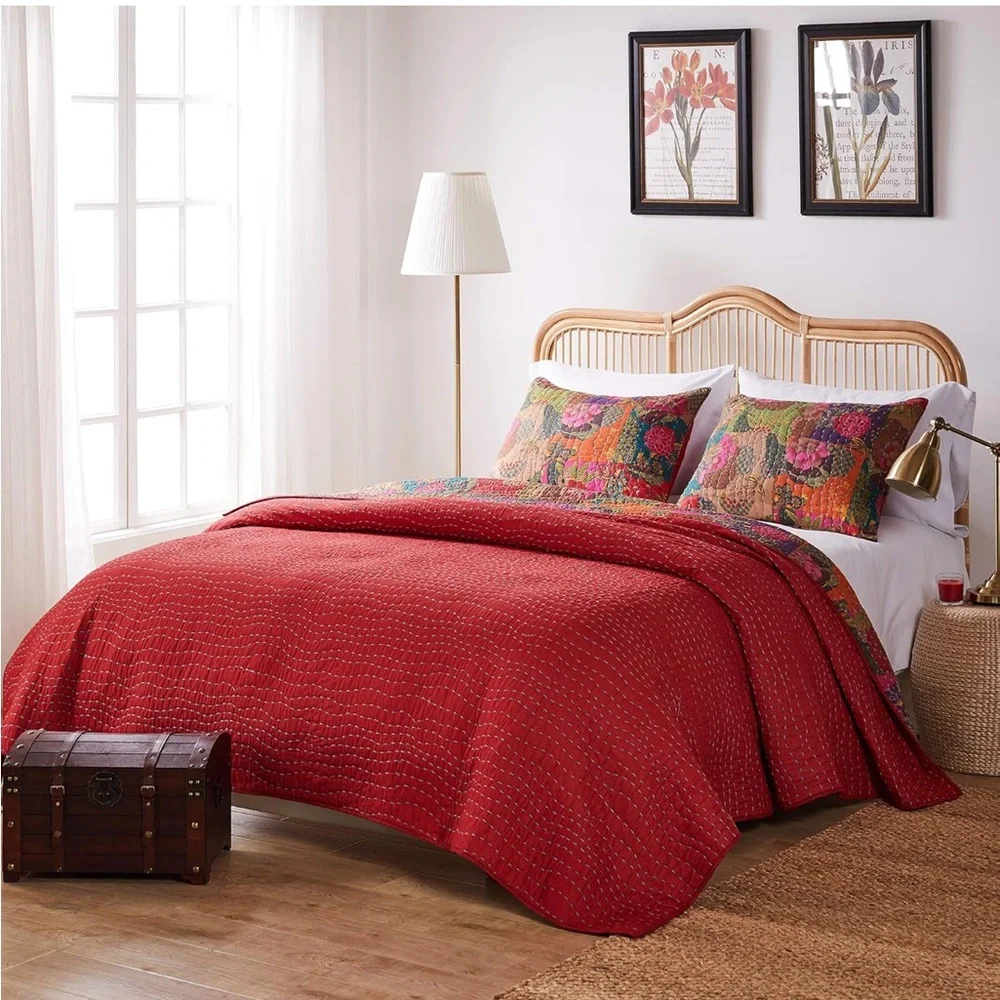 GREENLAND HOME NWT 100% cotton Kantha quilted Reversible bedding set -twin
